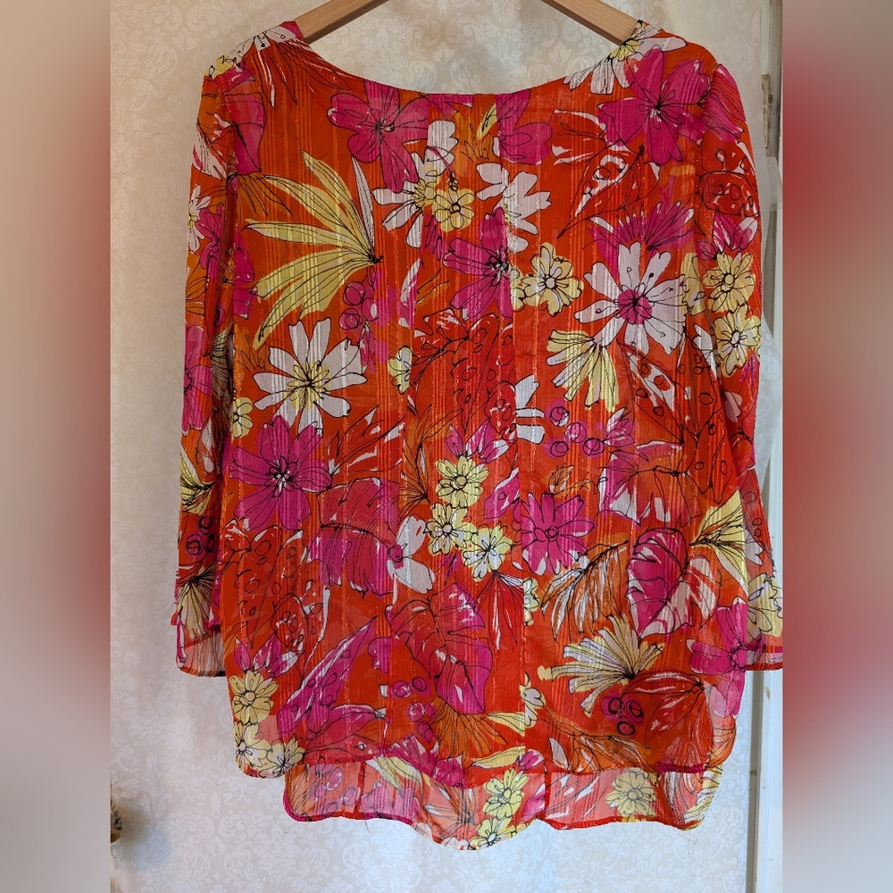 Sara Michelle Top Sz. Large Bright Orange Floral - Picture 15 of 16